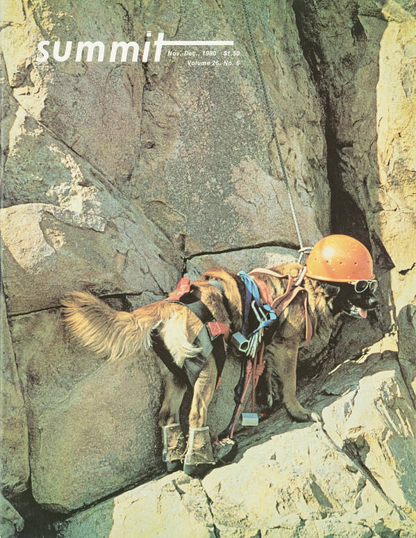 A dog wears a helmet, sunglasses and climbing gear on the cover of Summit Magazine's November/December 1980 issue.